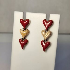 VTG Acrylic Red & Gold Puffy Heart Drop Stud Earrings
